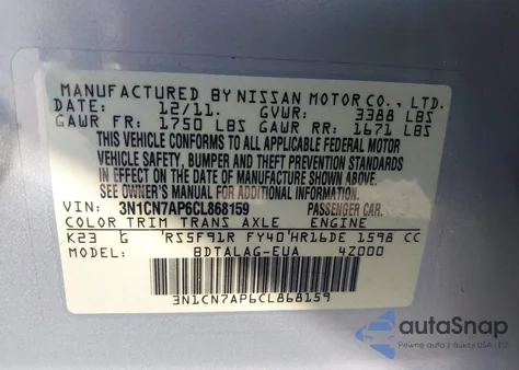 2012 Nissan Versa 1.6 S from USA, damaged, VIN 3N1CN7AP6CL868159